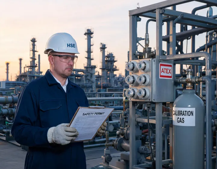 HSE officer checking a fixed gas detection rack on a refinery skid