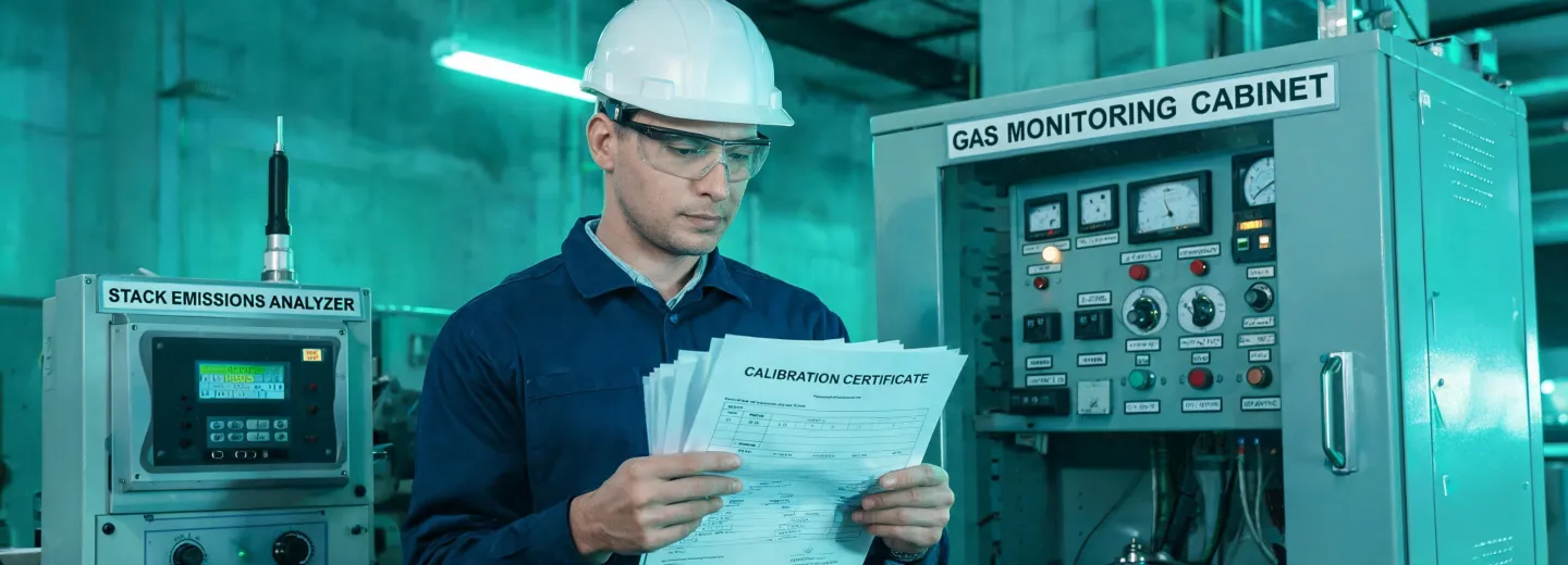 Environmental monitoring technician reviewing calibration evidence